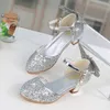 Kızlar için Prenses Çocuk Deri Ayakkabı Glitter Kelebek Düğüm Elbise Parti Çocuk Yüksek Topuk Csuals Ayakkabı Pembe Gümüş