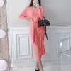 Весенняя корейская мода стиль элегантный и тонкий кружевной сексуальный круглый воротник с длинным рукавом офис для женщин платья 210602