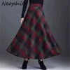 Neophil Woolen Warm Plus Size 3XL xadrez Saias Inverno Mulheres Inglaterra Estilo Bolsos Midi Plissado Uma Linha Tartan Saias S9216 211120