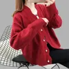 Solid 4 färger Lös V-Neck Bead Cardigan Fashion Stickad Jacket Sweater Kvinnor Höst och Vintertröjor 11861 210417