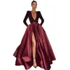 Glitter Burgundy Sequined Formal Afton Klänningar Långärmad En Linje Sid Slit Shiny Prom Party Dress Satin Full Length Sexig Sparkle Deep V Neck Special Occasion Grows