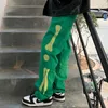 メンズジーンズ高品質ヒップホップ骨刺繍男性女性ファッショングリーンブラックデニムパンツ特大モッピングズボンジャン