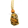 Natural Crystal Stone Yellow Smooth Tigers eye Necklace Pendant Healing Jewelry Charms Handmade Retro Net Pocket Braid Rope