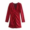 Za print vintage mini klänning kvinnor v nacke långärmad ruched party klänningar kvinna mode tillbaka zip foder elegant röd klänning 210602