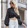 Mock Neck Gilding Polka Dot Twist Front Crop Top Women Spring Lantern Sleeve Fashion Ladies Toppar och Blusar 210510