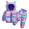 2021 Ny LED Light Barnkläder Satser Vinterflickor och Pojkar Hooded Cotton Down Jackor Coat-Pant Overells Suit för varma barnkläder
