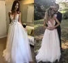 Blommor bröllopsklänning vit vestidos de noiva 2021 3d blomma djupa v-nacke brudklänningar känsliga applikationer oäplösa en linje tulle brud äktenskap robes bohemia al9012