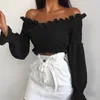 Women Sexy Smocking White Tee Shirt Puff Long Sleeve Ruched Criss-cross Off Shoulder Crop Top Spring TShirts 210517