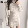 Korean Ins Jesień Winter Temperament Round Neck Sweter Sukienka Bodycon Otwórz Powrót Slim Wrap Hip Dzianiny Dres Chic Gruby 211221