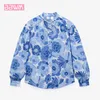 Lapel Blue and White Porcelain Printed Single-breasted Long-sleeved Chic Female Shirt Harajuku Western Style Women's Tops 210507