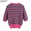 Zevity Women Fashion V Neck Color Matching Striped Print Hollow Out Crochet Knitted Sweater Female Chic Cardigans Tops SW801 211018