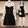 Plus Size Women Autumn Winter polka velvet Dress Long Sleeve Elegant Sequins Stitching V-Neck Vintage High Waist A-line Dresses Y1006