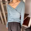 V Neck Pullover Manga Longa Camiseta Mulheres Slim Fit Sold Spring Outwear Tees Femme All Match Soft Ladies Top 210422