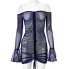 Sexig långärmad snedklänning Kvinnor Evening Party Night Dresses Mesh See Through DrawString BodyCon Slim Mini Dress Vestidos 210625