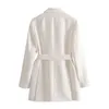 Mode Double boutonnage Blazer femmes avec ceinture col cranté poches bureau veste à manches longues blanc dames hauts Chaqueta Mujer 210515