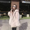 Imitation Lapin Ruff Automne Hiver Manteau À Capuche Épais En Peluche Velours Manteau De Fourrure Lâche Rose Zipper Manteau Femme Plus La Taille Outwear 210412