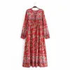 Women Bohemian Red Midi Dress Spring Autumn Floral Printed Long Sleeve Pleated Party Chic O-neck Femme Vestidos 210521