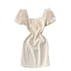 Korean Vintage dress v-neck puff sleeves mini for womens three-dimensional flower mesh stitching slim Dress vestidos 210420