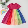 夏の女の子の半袖ドレス2021 Insの長い虹色のステッチドレス子供のための子供たちの服のドレス2-8 y q0716