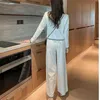 Women's Two Piece Pants Knitting Womens Peice Sets Korean Hit Color V-neck Long Sleeves Cardigan Sweater+wide Leg Pant Suits Autumn