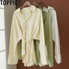 Toppies Fashion Asymmetrie Shirts Wit katoenen linnen Tops Blouses lange mouw kaki shirts trekkoord taille oversized tops 210401