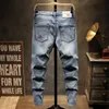 Europejskie Mężczyźni DSQ Marka Slim Jeans Dżinsy Spodnie Stretch Blue Patchwork Hole Spodnie dla mężczyzn Ripped Jeans JS1059 X0621