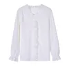 Hollow Szyfonowa Bluzka Kobiety Z Długim Rękaw Koreański Styl Office Lady Odzież V-Neck White Topy Solidna Koronka Jesień Shir10901 210518