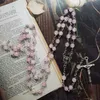 Розовые розарии Женщины Длинные кулон Ожерелье Иисус Крест Ожерелье Религиозная молясь Ювелирные изделия