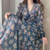 Gaganight кружева цветок женщины сладкое макси платье с длинным рукавом V шеи тонкий шикарный чемодан леди bodycon платья корейская мода весна vestidos 210519