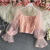 NEPLOE BLUSAS MUJER DE MODA 3D Floral Square Collar Lace Shirt Patchwork Gaze Beading Blouse Sweet Short Blouses Toppar 210422