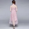 summer Elegant women half Sleeve Mesh Dress Flower Embroidery Stitching Lace High Waist 210531