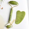 2in1 Set Green Natural Jade Roller GuaSha Gua Sha Scraper Tools Arts and Crafts Stone Face Massager Tool Anti-aging Facial Masage Gift Set