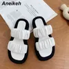 Summer Women Shoes Slippers Slides PU Rubber Basic Solid Outside Flat With Adult Pleated 35~39 Rome Platform 210507