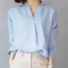 Korean Moda Bluzka Kobiety Wiosna Jesień Z Długim Rękawem V Neck Koszulki Panie Przycisk Casual Up Tops Odzież 210525