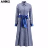 Azul xadrez de manga comprida camisa de camisa vestido senhoras elegante inverno guingão plissado retro com faixas midi vestidos femme vestes tunics 210416