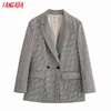 Women Plaid Female Long Sleeve Double Breasted Elegant Jacket Ladies Work Wear Blazer Suits 4M124 210416