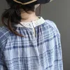 Sether Arts Style Kobiety Half Sleeve Loose T-shirt Bawełniana Pościel Plaid Vintage Tee Koszula Koronki Stojak Kołnierz Femme Topy S795 210512 \ t