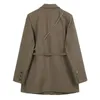 [EAM] Women Brown Pocket Big Size Blazer Lapel Long Sleeve Loose Fit Jacket Fashion Spring Autumn 1DB850 210930