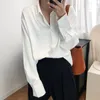 New Chic Women's Satin Shirts Long Sleeve Solid Turn Down Collar Elegant Office Ladies Workwear Blouses Female