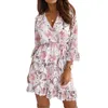 Vrouwen Spring Flower Print Dress V Hals Casual Drie kwart mouw Ruches Split vrouwelijk Elegant A Line Party Vestidos 2021 jurken