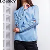 LOSSKY Solid Slim Slim Blouse à manches longues Chemise Casual O Cou Bouton Femmes Été Automne Élégant Blouses à rayures Chemises Blusas Tops 210507