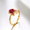 Wedding Rings Women Ring Red Rose Garden Flower Leaves Open Resizable Finger For Valentine's Day Gift JewelryWedding