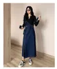 Qooth Vintage Patchwork Mid-Calf Długość Dżinsowy Pasek Sukienka Kobiety Jesień Zima Koreański Plus Rozmiar 4XL Nieregularny Kieszonkowy Styl QT355 210518