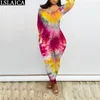 Tie Dye Print Bodysuit Herbst Mode Langarm Quadrat Kragen Schlank Strampler Frauen Overall Hosen Casual Combinaison Femme 210520