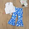 Barn baby tjejer kläder sätter sommar ärmlös lapel tröjor toppar + blommiga flare byxor casual barn outfits