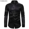 Svart Sequin Mens Shirt Silk Satin Men Klänning Skjortor Mode Casual Splice Men Långärmad Bröllopsfest Disco Men Kläder USA 210524