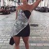 Summer Women Party Off Shoulder Silver Sequin Sexig Bodycon Strapless Mini Dress 210415