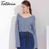 Knitted Pullover Sweater Female Deep V Neck Flared Sleeve Oversize Women Sweaters And Pullovers Sexy Loose Womens Jumpers 210514