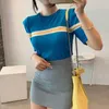 Koreanische Sommer Chic Puff-Ärmeln Frau Oansatz Gestreiften Pullover T-stück Schlank Mode Gestrickte Bodenbildung T-Shirt Eine Größe 210527