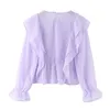 Vrouwen 2022 Fashion Ruffled Dot Chiffon Blouses Vintage O hals Lange mouw Vrouwelijke shirts Blusas Chic Tops Dames